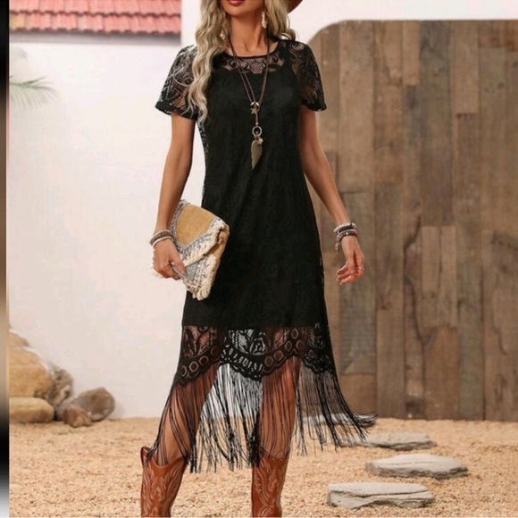 Lace Long Fringe Black Dress Western Women Attire/Country Dress,Summer - Picture 4 of 4